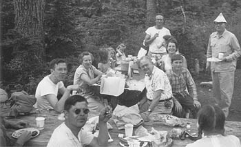 Scarabs picnic, 1950, with Estelle & Mel Hatch, Roger Hall, Helen & Ted Houk, etc., b&w photo
