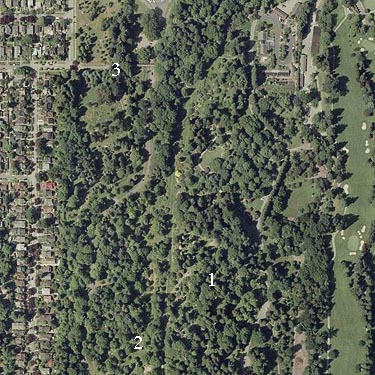 2002 aerial photo, central part of Washington Park Arboretum with spider collecting sites