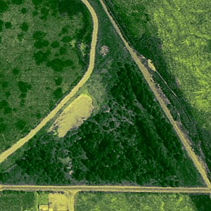 1990 aerial view of wooded gravel pit, Ford Prairie, Grays Harbor County, Washington