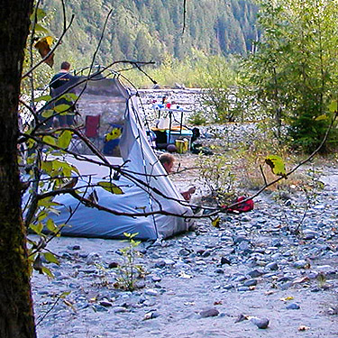 campers by trailhead, gravel bar by Baker River trailhead, Whatcom County, Washington