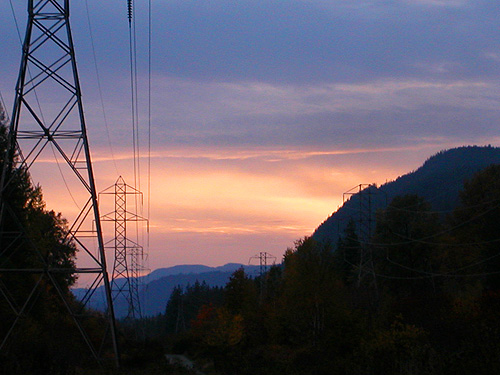 sunset on 19 October 2021, powerline on Diobsud Creek Road NE of Marblemount, Skagit County, Washington