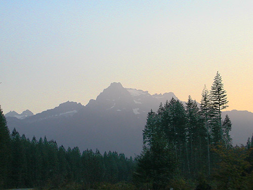 Whitehorse Mountain through haze from north of Darrington, Snohomish County, Washington