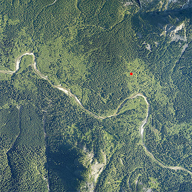 2015 aerial view showing spider collecting site on upper Middle Fork Snoqualmie River, King County, Washington