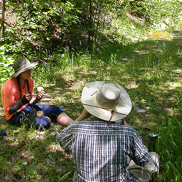 Laurel Ramseyer and Natalie Jones lunching at Little Eagle Lake, Green River Watershed, King County, Washington