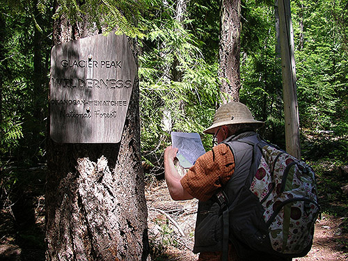 Rod Crawford consults map on Twin Lakes Trail, Napeequa River area, Chelan County, Washington