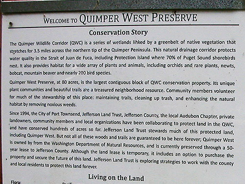 part of entry sign, Quimper West Preserve, north central Quimper Peninsula, Jefferson County, Washington