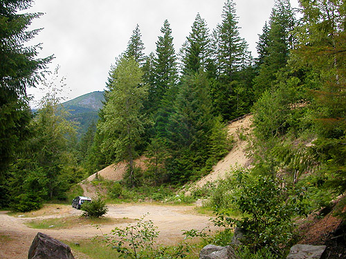 our car parked in gravel/sand pit, upper Rapid River, Snohomish County, Washington