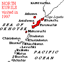 Diagrammatic chart of north Kuril islands showing those visited in 1997.