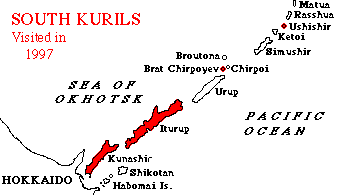 Schematic map of south and central Kuril Islands showing those visited in 1997