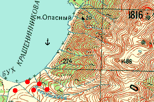 Reduced color topo map of Krasheninnikova Bay on Paramishir showing 1997 collecting localities