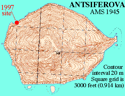 Reduced color topo map of Antsiferova Island showing 1997 collecting locality.