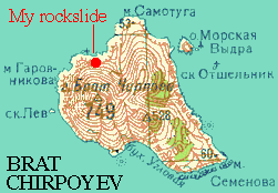 Reduced color topo map of Brat Chirpoyev Island showing 1997 rockslide author almost became part of.