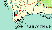 Reduced color topo map of Cape Kapustnyi on Paramishir showing 1997 collecting localities