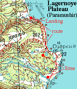 Reduced color topo map of Lagernoye Plateau on Paramishir showing 1997 collecting localities