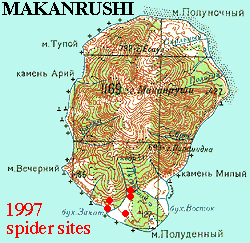 Reduced color topo map of Makanrushi Island, Kuril Islands, showing 1997 collecting localities