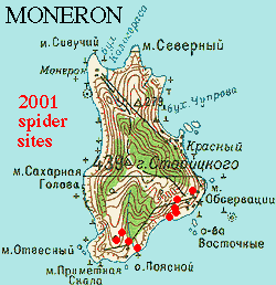 Topographic map of Moneron Island, near Sakhalin, Russia showing 2001 spider sites