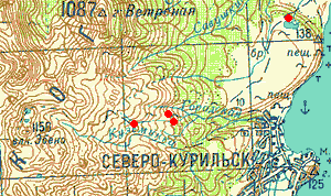 Reduced topographic map of Severo-Kurilsk and vicinity, Paramushir, with 1997 collecting localities