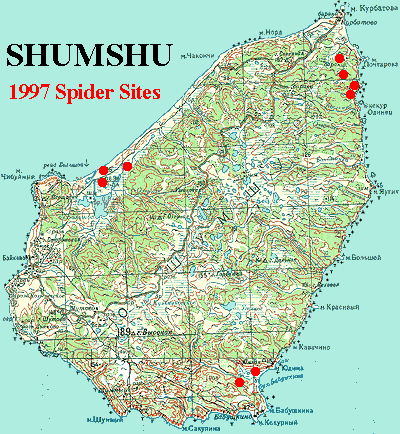 Reduced color topo map of Shumshu showing 1997 collecting localities