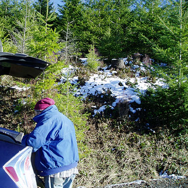 Rod Crawford all bundled up for action, 2006 clearcut on Mowich Lake Road, Pierce County, Washington