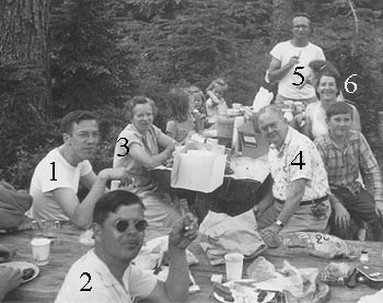 Scarabs picnic, 1950, with Dennis Boddy, Roger Hall, Estelle & Mel Hatch, b&w photo
