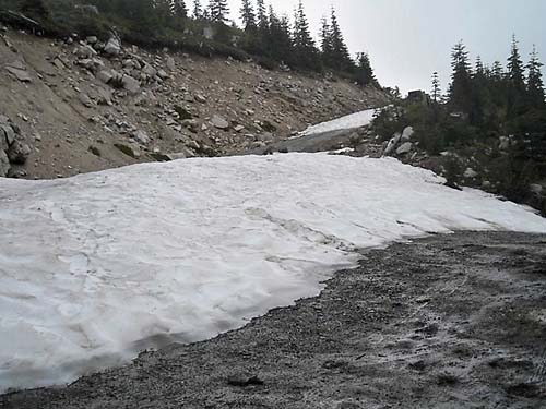snow on road blocks progress, south summit of Captain Point, NE King County, Washington