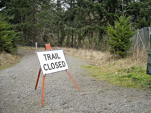trail-closed sign, Sequalitchew Creek trailhead, Dupont, Washington