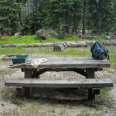 collecting gear on table, Cougar Flat Campground, Yakima County, Washington