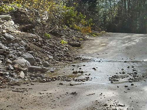 stream crosses road, Deer Creek Road near Silverton, Snohomish County, Washington