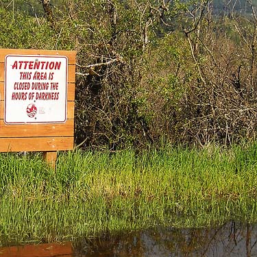 amusingly worded closure sign at Beaver Lake, E of Mount Vernon, Skagit County, Washington