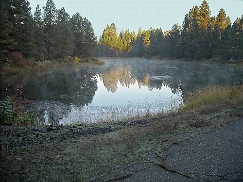 Mill Pond with morning mist near Outlet Creek Campground near Glenwood, Klickitat County, Washington