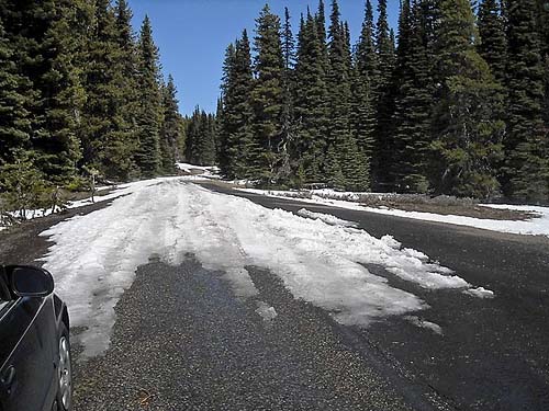 snow on road stops further progress at 5400' on Table Mountain, Kittitas County, Washington