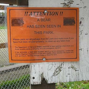 bear waring sign, Rudolf Reese Park, Sultan, Washington