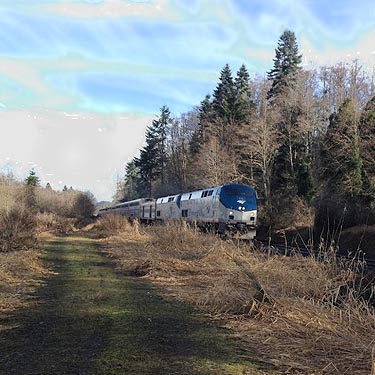 Amtrak train passes collecting site, Skookumchuck River near Waunch Prairie, S edge of Thurston County, Washington