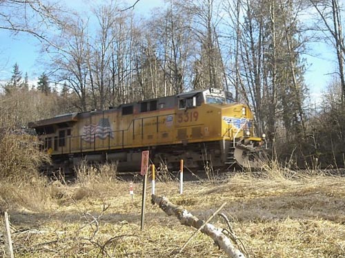 freight locomotive, Skookumchuck River near Waunch Prairie, S edge of Thurston County, Washington