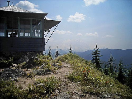 Mount Rainier barely visible on hazy day at Sun Top Lookout, Pierce County, Washington