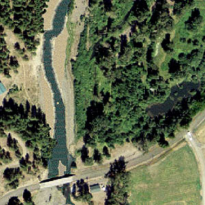 aerial view Teanaway River at Red Bridge Road, Kittitas County, Washington