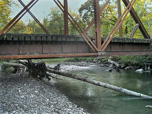 railroad bridge (abandoned) across Boulder River near its mouth, Snohomish County, Washington