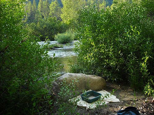 shore of Nason Creek with litter sifting set up, site of former Fish Pond Campground, Chelan County, Washington