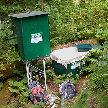 USGS stream monitor apparatus, Baker River Trail at suspension bridge, Whatcom County, Washington