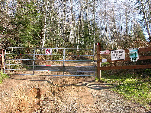 gated entrance to state park, Ballow Road, Hartstene Island, Washington