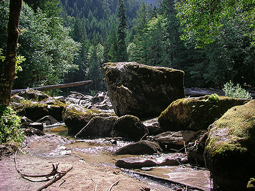 River shore with boulders near Bingley Gap Trailhead, North Fork Sauk River, Snohomish County, Washington