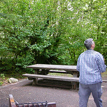 Laurel Ramseyer and picnic table, Bedal Campground, Snohomish County, Washington