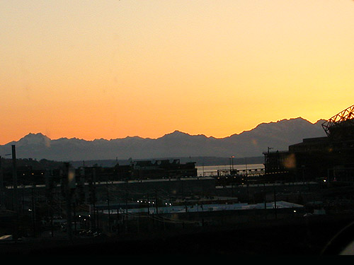 sunset behind Olympics from Seattle, 27 April 2023