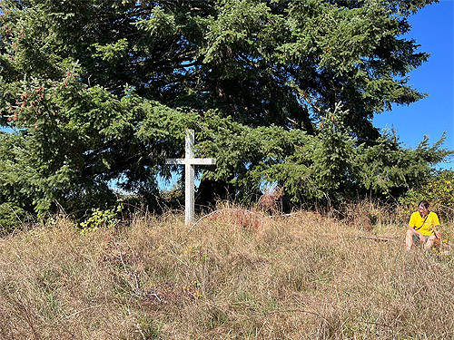 Kathy Whaley outside shade of the big tree, pioneer cemetery, Boistfort, Lewis County, Washington