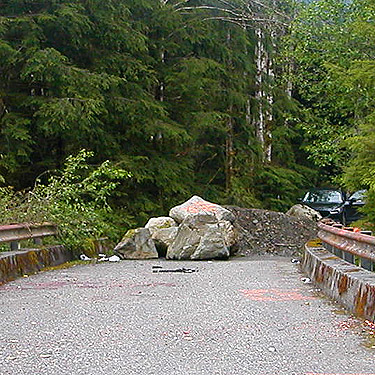 bridge blocked with boulders, South Fork Canyon Creek at FS Road 41, Snohomish County, Washington