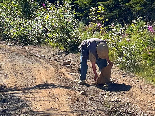 Rod Crawford moving boulder off road, ridge above Catt Creek, northeastern Lewis County, Washington