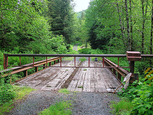 Lo ngview Timber gated bridge over Lake Creek, west of Lake Cavanaugh, Skagit County, Washington