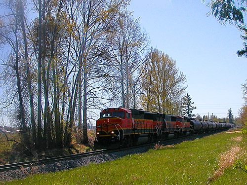 train heads north from Cherry Point Refinery, railroad tracks north of Grandview Road, Whatcom County, Washington