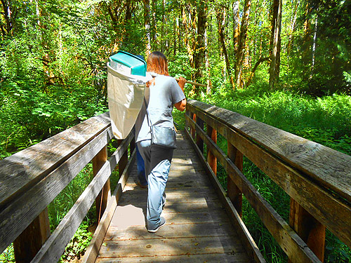 Kathy Whaley crosses bridge on Woods Creek Nature Trail, Lewis County, Washington