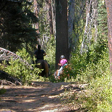 young women riding by on trail, NW of De Roux Campground, North Fork Teanaway, Kittitas County, Washington
